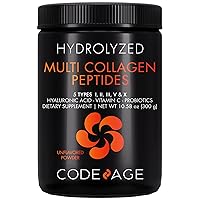 Codeage Multi Collagen Peptides + Probiotics Black Edition, Vitamin C, Hyaluronic Acid Powder Supplement, Grass-Fed, Pasture-Raised, Hydrolyzed, Zero Carbs, Type I, II, III, V & X, Unflavored, 10.58oz