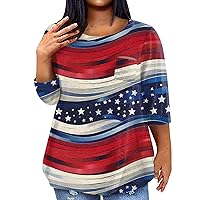 American Flag Shirt Women, Plus Size Maternity Clothes Going Out Top Women's Casual Independence Day Printing Blouse 3/4 Sleeve Shirt Fashion Round Neck Summer Plus Size 2024 (Vermilion,5X-Large)