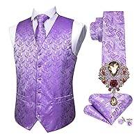 Mens Wedding Suit Vest Light Purple Solid Jacquard Folral Silk Waistcoat Tie Brooches Vest Set Groom
