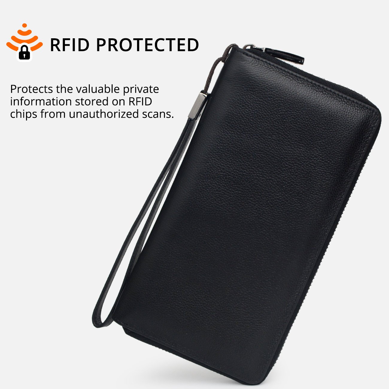 Bveyzi Women RFID Blocking Wallet Leather Zip Around Phone Clutch Large Capacity Ladies Travel Purse Wristlet (Black)