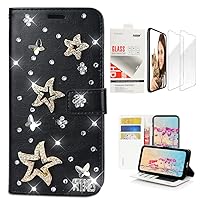 STENES Bling Wallet Phone Case Compatible with iPhone 15 Plus - Stylish - 3D Handmade Star Butterfly Design Leather Girls Women Cover with Screen Protector [2 Pack] - Black