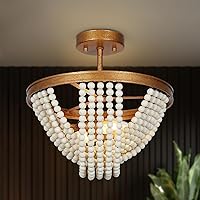 Wood Bead Chandeliers, Boho Semi Flush Mount Ceiling Light Fixtures 2 Light Modern Rustic Close to Ceiling Light for Foyer Kitchen Hallway, White Beads and Aged Gold Finish