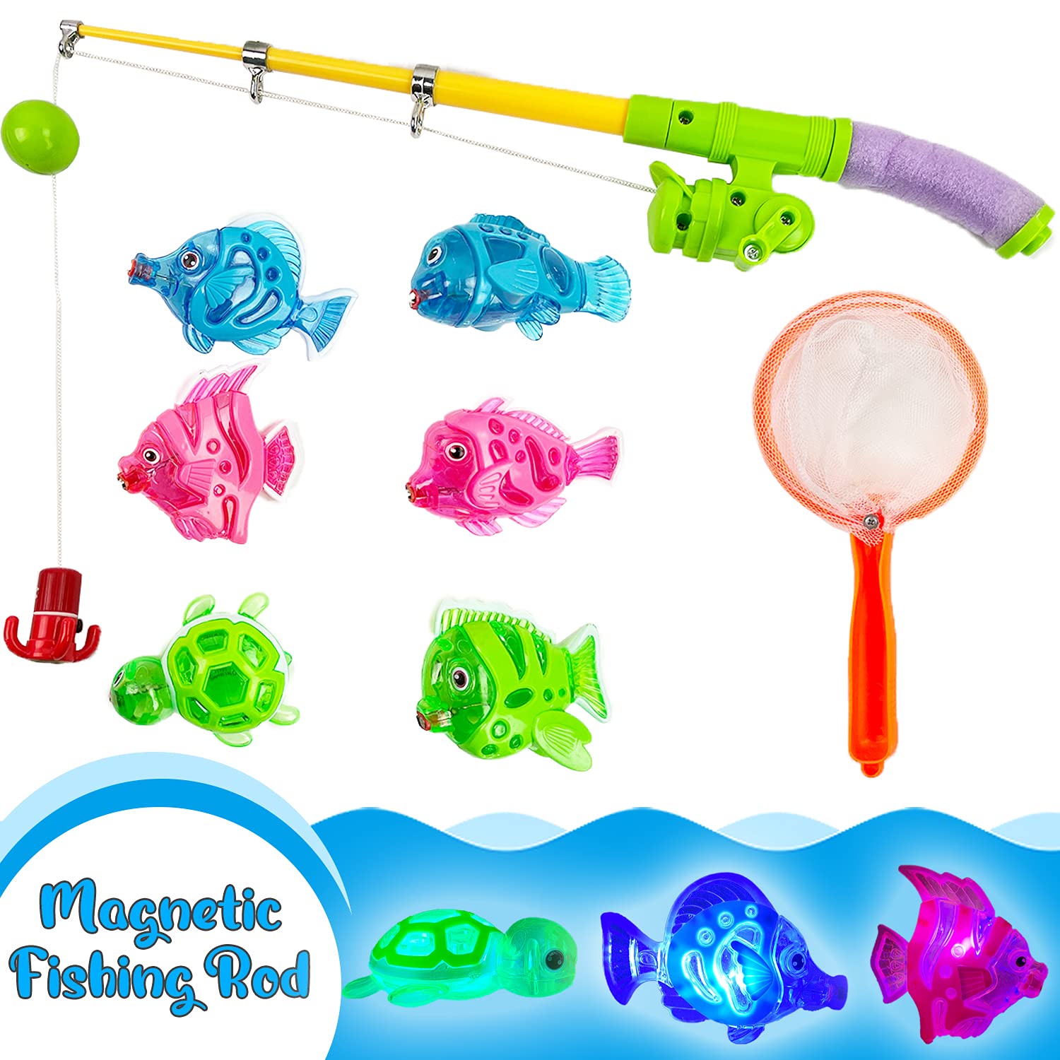 Liberty Imports Magnetic Light Up Kids Fishing Pole Bath Toy Set - Rod and  Reel with Sea Turtle and 5 Unique Fish -Outdoor Water Toys and Fishing Game  for Kids …
