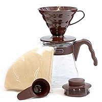 Hario V60 Pour Over Starter Set with Dripper, Glass Server, Scoop and Filters, Size 02, Brown