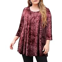 MONNURO Womens 3/4 Sleeve Casual Loose Fit Swing Plus Size Tunic Tops Basic T Shirt