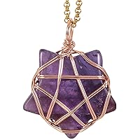 TUMBEELLUWA Crystal Star Pendant Necklace for Women Rose-Gold Copper Wire Wrapped Pentagram Star Stone Pendant with Chain