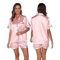 GAESHOW Satin Pajamas for Women, Short Sleeve Silk Pajama Set with Shorts Two Piece Pj Sets Button-Down Sleepwear Loungewear