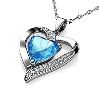 DEPHINI - Heart Necklace - 925 Sterling Silver - Aquamarine Birthstone - Crystal Pendant - Fine Jewellery 18