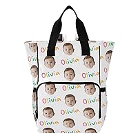White Custom Diaper Bag Backpack Personalized Photo Large Baby Bag for Boys Girls Toddler Multifunction Travel Maternity Back Pack for Mom Dad with Stroller Straps