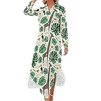 Giraffes Toucans and Palm Leaves Casual Maxi Shirt Dresses for Women Long Sleeve Button Down Blouses