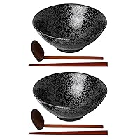Kanwone Ceramic Japanese Ramen Bowl Set, Noodle Soup Bowls - 60 Ounce, with Matching Spoons and Chopsticks for Udon Soba Pho Asian Noodles, Set of 2, Black