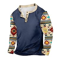 Mens Henley Long Sleeve T-Shirt Ethnic Aztec Print Tops Blouse Casual Button Down Sports Bodybuilding Muscle Shirts
