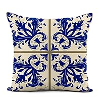 Linen Throw Pillow Cover Majolica Pottery Blue and White Azulejo Original Traditional Portuguese Home Decor Pillowcase 18x18 Inch Cushion Cover for Sofa Couch Bed and Car