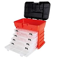 Storage Tool Box - Portable Multipurpose Organizer With Main Top Compartment and 4 Removable Multi-Compartment Trays by Stalwart,Red,11 in x 7 in x 10 in