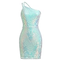 IMEKIS Women One Shoulder Short Tight Sequins Homecoming Dress for Teens Sparkly Floral Glitter Backless Bodycon Mini Dress