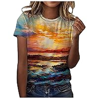 NaRHbrg Summer 3/4 Sleeve Shirts Tunic Tops Women Girls Cute Cartoon Print Tees Shirt Round Neck Colorful Loose Comfy Blouses