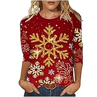 Christmas Tops for Women Dressy Casual Holiday 3/4 Sleeve T-Shirts Cute Funny Xmas Tree Pullover Tee Shirts Top
