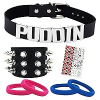 Puddin Choker Bracelet Set Punk Leather Bracelet Letter Collar Cosplay Accessory for Women and Girls Halloween Party Costume