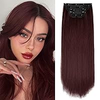 WECAN Straight Clip in Hair Extension Wine Red 22 Inch 6PCS Long Straight Hairpieces for Women Thick Synthetic Fiber Double Weft Hair Full Head