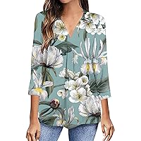 Women Bohemian 3/4 Sleeve Turn Down Collar Tunic Tops Summer Fashion Floral Dressy Casual Loose Fit Tee Blouses