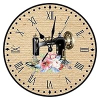 Flower Sewing Machine Wooden Wall Clock Silent Battery Wood Wall Clocks Seamstress Sewing Room Wall Clocks Craft Room Decor Clock Farmhouse Wall Decor 15inch Round Clock for Home Office School