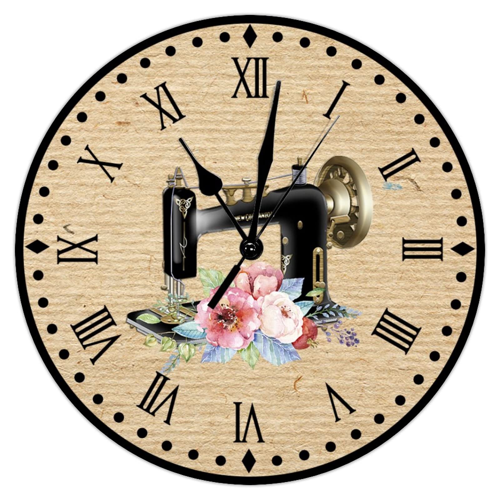 Flower Sewing Machine Wooden Wall Clock Silent Battery Wood Wall Clocks Seamstress Sewing Room Wall Clocks Craft Room Decor Clock Farmhouse Wall Decor 15inch Round Clock for Home Office School