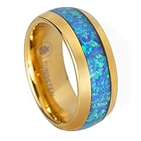 Tungsten Carbide Blue Opal Inlay Comfort Fit Ring Promise Wedding Engagement for Men, 8mm 6mm 4mm, Black Rose Gold Silver, Band Dome Style High Polished Finish, Gift Box Included