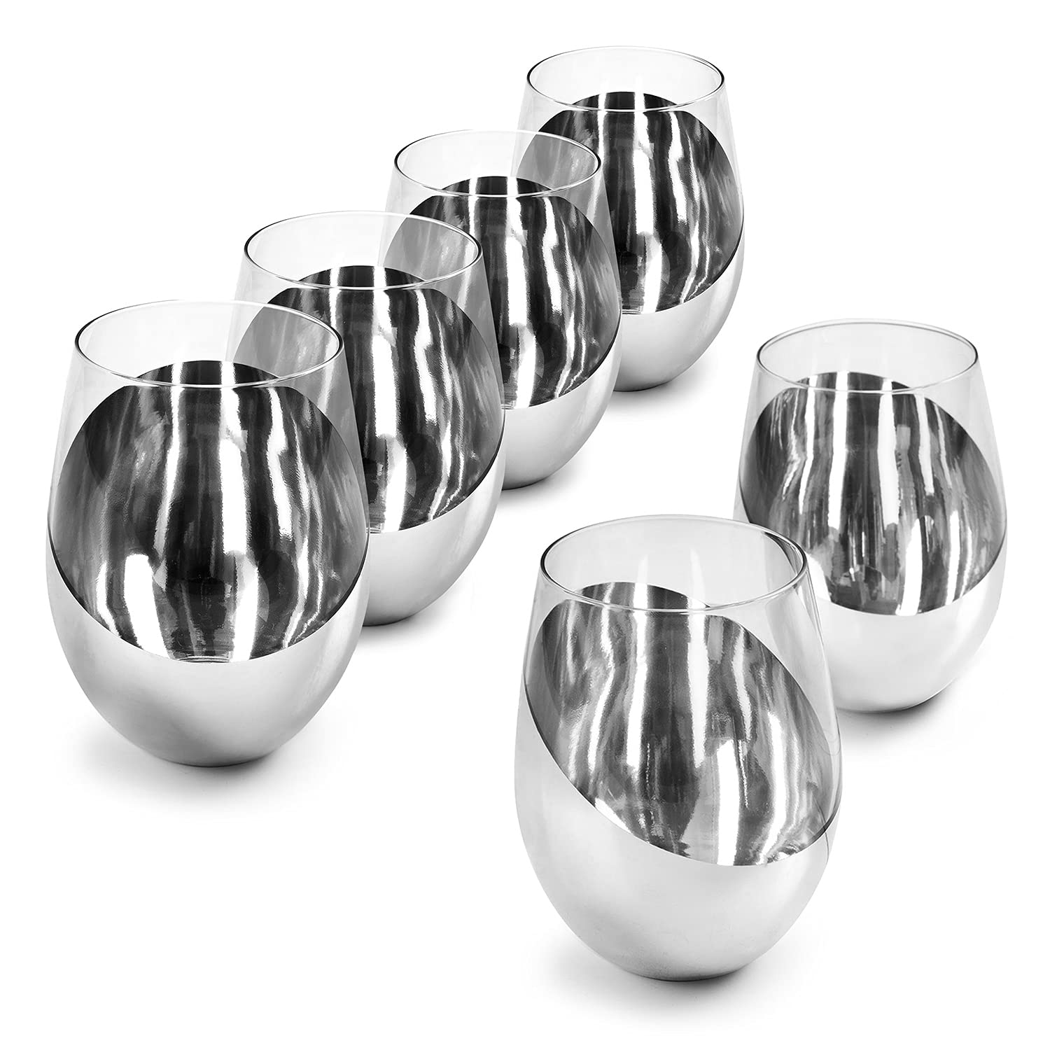 MyGift Modern Stemless Wine Glass Set of 6, White or Red Wine Glasses with Silver Metallic Bottom Angled Design