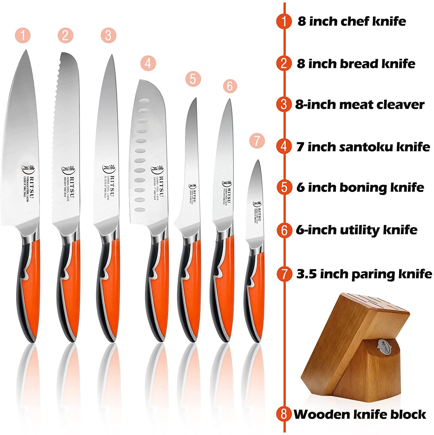 Kitchen Knife Set 8 Pieces RITSU High Carbon Stainless Steel Knife Set, With Solid Wood Chefs Knife Stand Super Sharp Two-Color Handle Chef Knife Set
