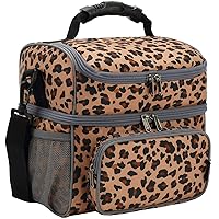 FlowFly Double Layer Cooler Insulated Lunch Bag Adult Lunch Box Large Tote Bag for Men, Women, With Adjustable Strap,Front Pocket and Dual Large Mesh Side Pockets,Leopard