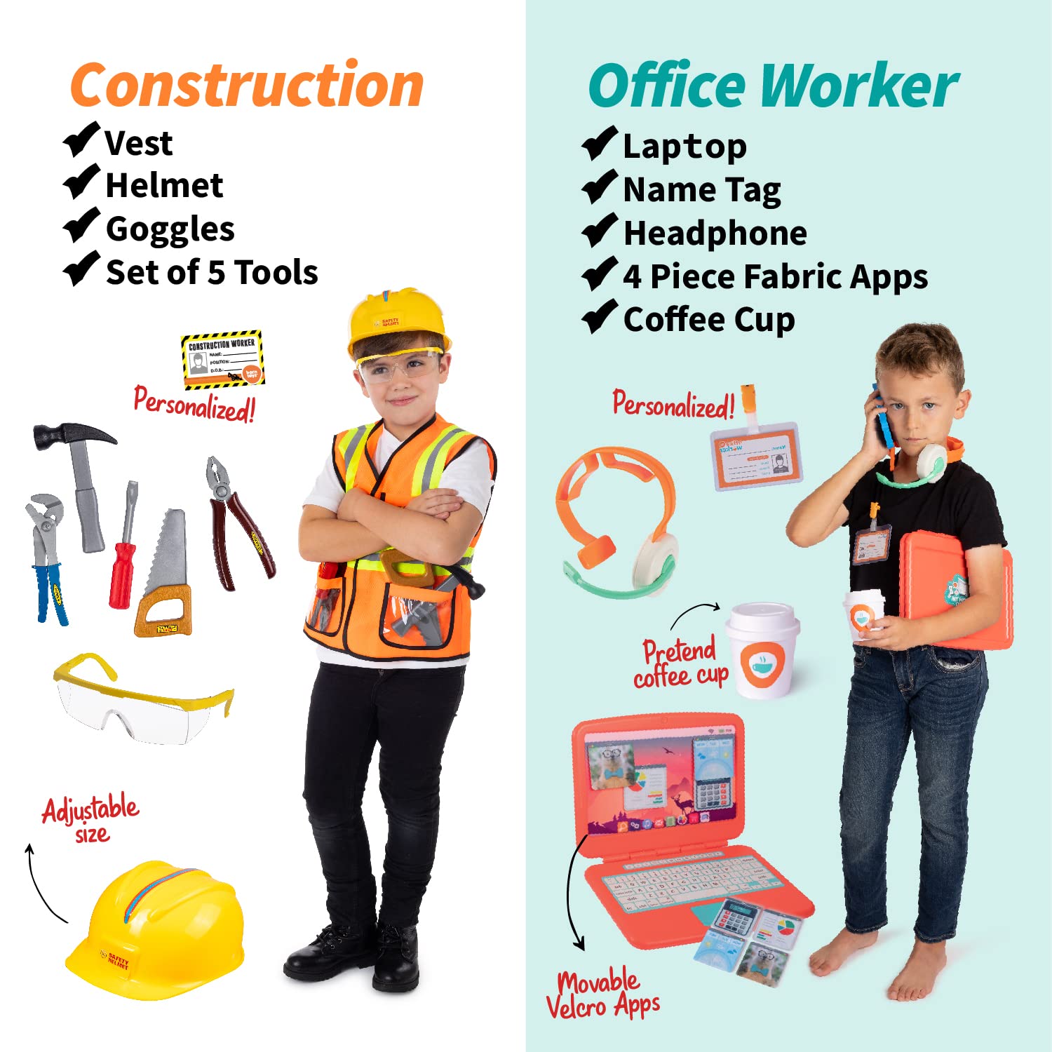 Born Toys 6-in-1 Kids' Dress Up & Pretend Play Firefighter, Astronaut, Scientist, Construction, Pirate, Office Set and Chef Toy Set