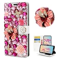 STENES Bling Wallet Phone Case Compatible with iPhone 15 Case - Stylish - 3D Handmade Flowers Butterfly Design Magnetic Wallet Stand Girls Women Leather Cover - Red