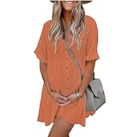 PYGFEMR Women's Short Sleeve Babydoll Dress Button Down Dresses with Pockets Brick Red L