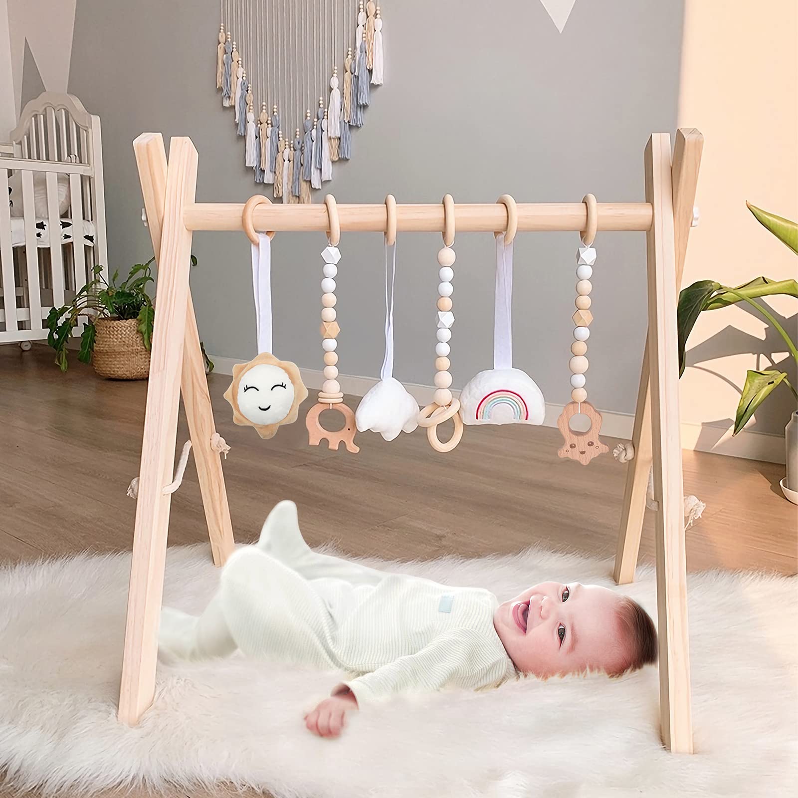 Wooden Baby Play Gym, WOOD CITY Foldable Baby Gym with 6 Hanging Sensory Toys for Infants Activity, Newborn Gifts for Baby Girl and Boy (Natural Wood)