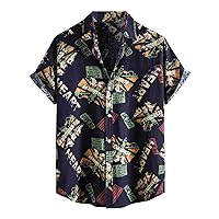 Adult Rompers Men Lapel Print Color Contrast Ethnic Style Short Sleeve Button Up Shirt Beach Cotton Long Sleeve