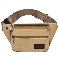 Unisex Canvas Crossbody Fanny Pack Casual Waist Bag Hip Bum Bag with Earphone Hole for Outdoors Workout Traveling Running Hiking Cycling Biking Rave and Festival (Khaki)
