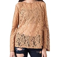 Umgee USA Women's Sheer Lace Bell Sleeve Blouse Camel