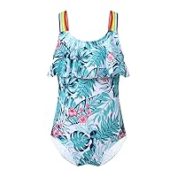 CHICTRY Kids Girls Floral Printed Ruffles Cirss Cross Back One Piece Swimsuit Bathing Suit Beachwear Green Palm Leaf A 8