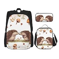 3 Pcs Nature Lovely Hedgehog Lovers Print Backpack Sets Casual Daypack with Lunch Box Pencil Case for Women Men