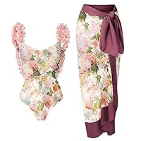 Women's One Piece Swimsuit Fashion-Piece Two Piece Swimsuit Leaf Printed Hip Long Skirt Conservative Swimsuit, S-XL