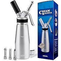 Profesional Whipped Cream Dispenser - Ugraded Full Metal Cream Whipper Canister, w/Durable Metal Body & Head with 3 Stainless Steel Decorating Tips (Professional Silver 500 ML)