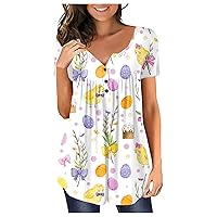 ZEFOTIM Easter Shirts for Women Short Sleeve V Neck Button Down Funny Bunny Gnome Tunic Tops