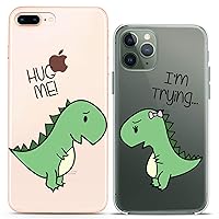 Matching Couple Cases Compatible for iPhone 15 14 13 12 11 Pro Max Mini Xs 6s 8 Plus 7 Xr 10 SE 5 Green Cute Dinosaurs Fancy Hug Me Adorable Silicone Cover Clear Anniversary Women Girlfriend