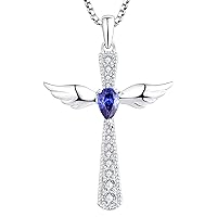 YL Cross Angel Wing Necklace 925 Sterling Silver 12 Birthstone Cubic Zirconia Guardian Angel Pendant for Women,Chain 45+3CM