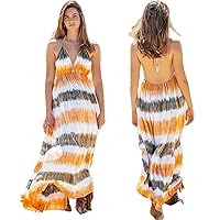 Womens Maxi Dress Sexy Backless Deep V Halter Sleeveless Tie-dye High Waist Casual Long Boho Beach Dress