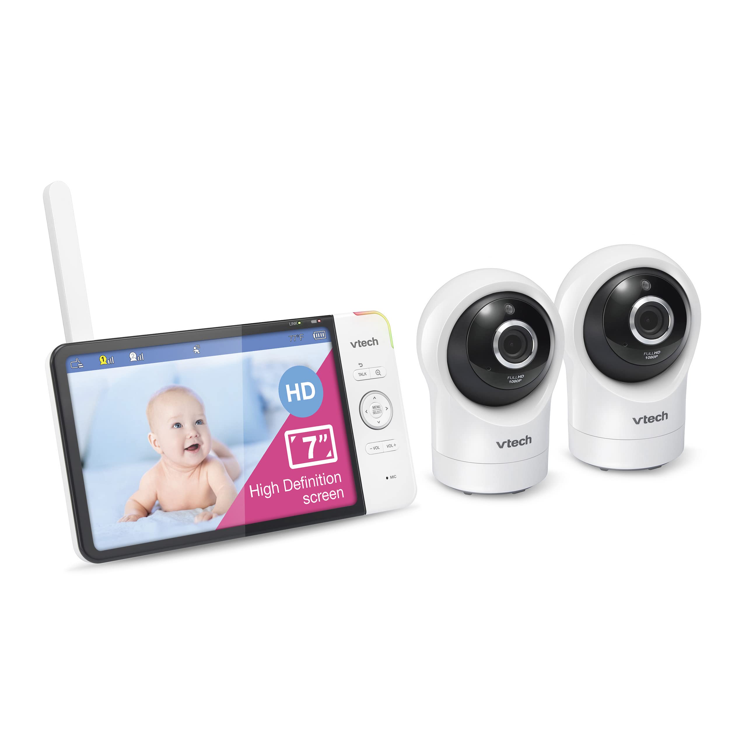 VTech RM7764-2HD 1080p Smart WiFi Remote Access 2Camera BabyMonitor, 360° Pan&Tilt, 10X Zoom, 7” 720p HD Display, HD NightVision, Soothing Sounds, 2-Way Talk, Temperature&Motion Detection, iOS&Android