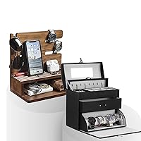 Homde Gifts for Men Bundle: Tidy Up Your Dresser with a Black Jewelry Box and a Wood Charging Station Storage