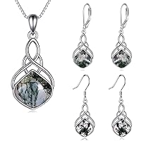 YAFEINI Moss Agate Necklace and Earrings Jewelry Set Sterling Silver Irish Celtic Filigree Teardrop Jewelry Gifts