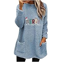 Womens Christmas Fluffy Sherpa Tunic Tops Funny Merry Christmas Letter Print Sweatshirt Winter Fuzzy Fleece Pullover