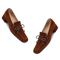 MOOMMO Women Chunky Low Heel Loafers Bow Suede Slip On Closed Square Toe Loafer Shoes Oxfords Comfy 1 Inch Block Heels Dress Shoes Pumps Office Ladies Work Pumps Vintage Chic 4-11 M US